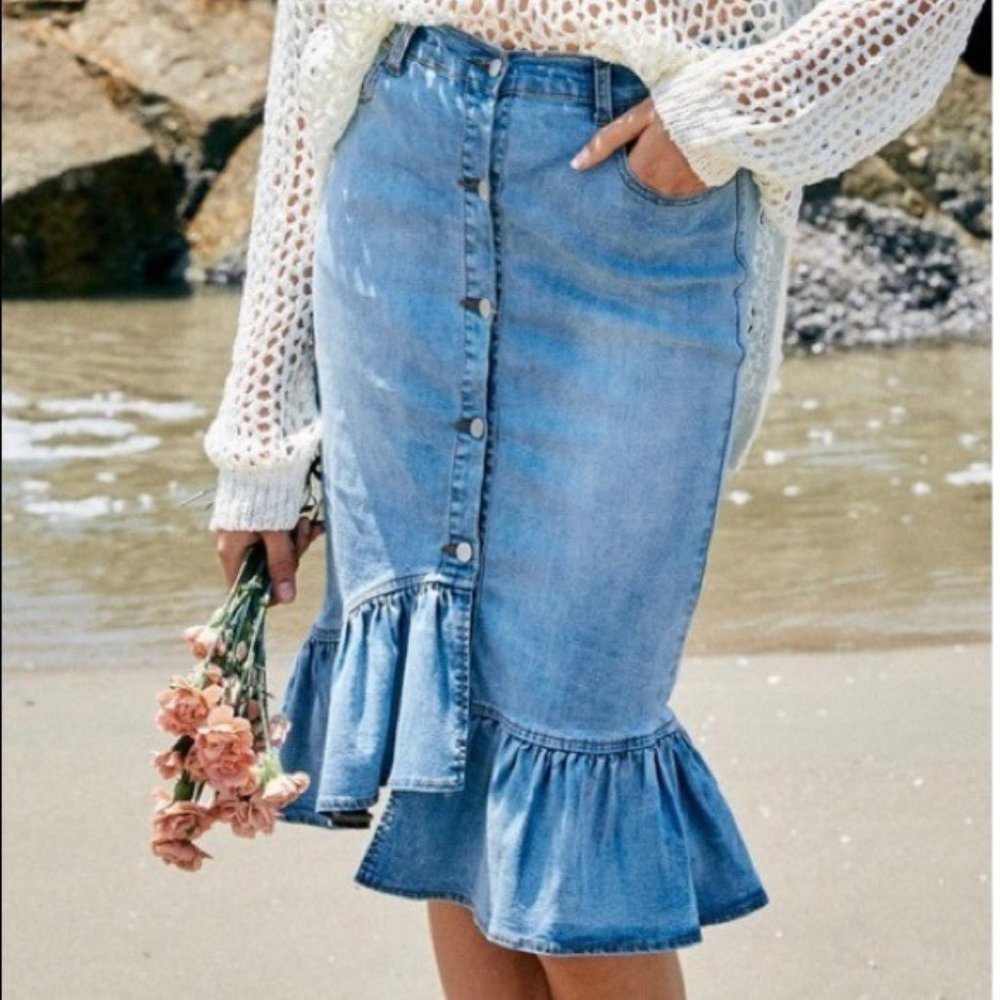 Hayden Los Angeles Ruffle Denim Midi Skirt Jean